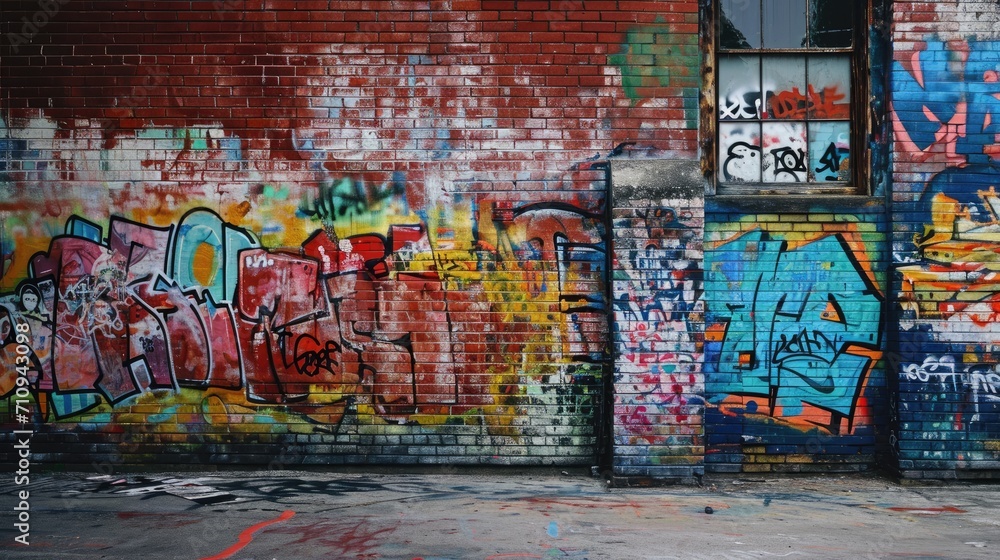 Fototapeta premium Wall with colorful graffiti in a brick building