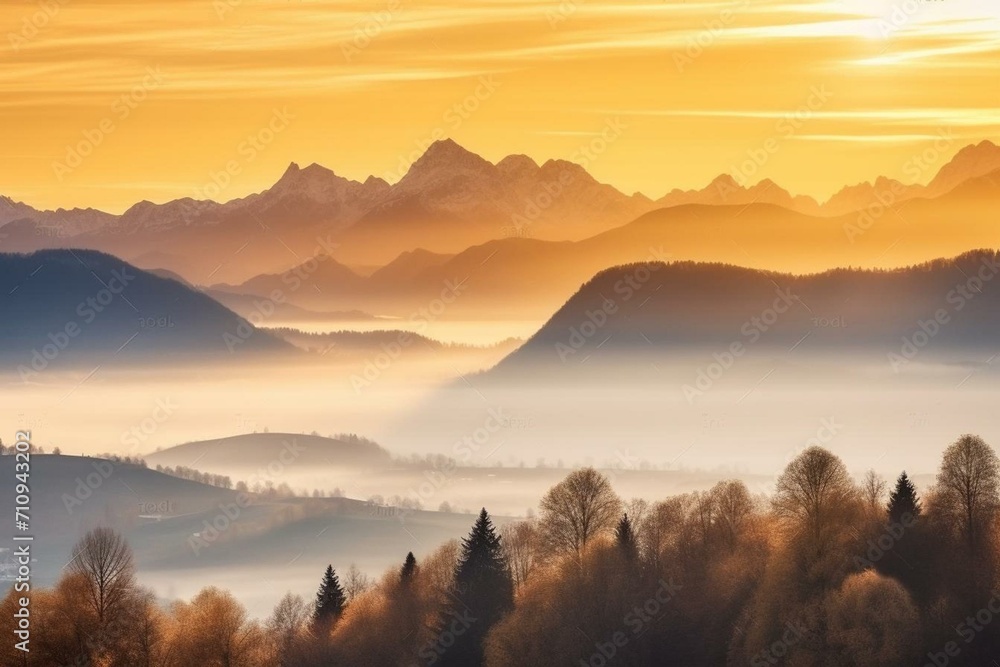 Austria, Tyrol, foggy sunset over the mountains in Schwaz. Generative AI