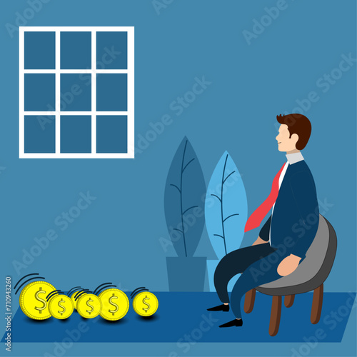 Business man sitting back and letting the money roll in.  Business Profits concept