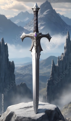 A fantastic sword from the Middle Ages, against a background of rocks and mountains
