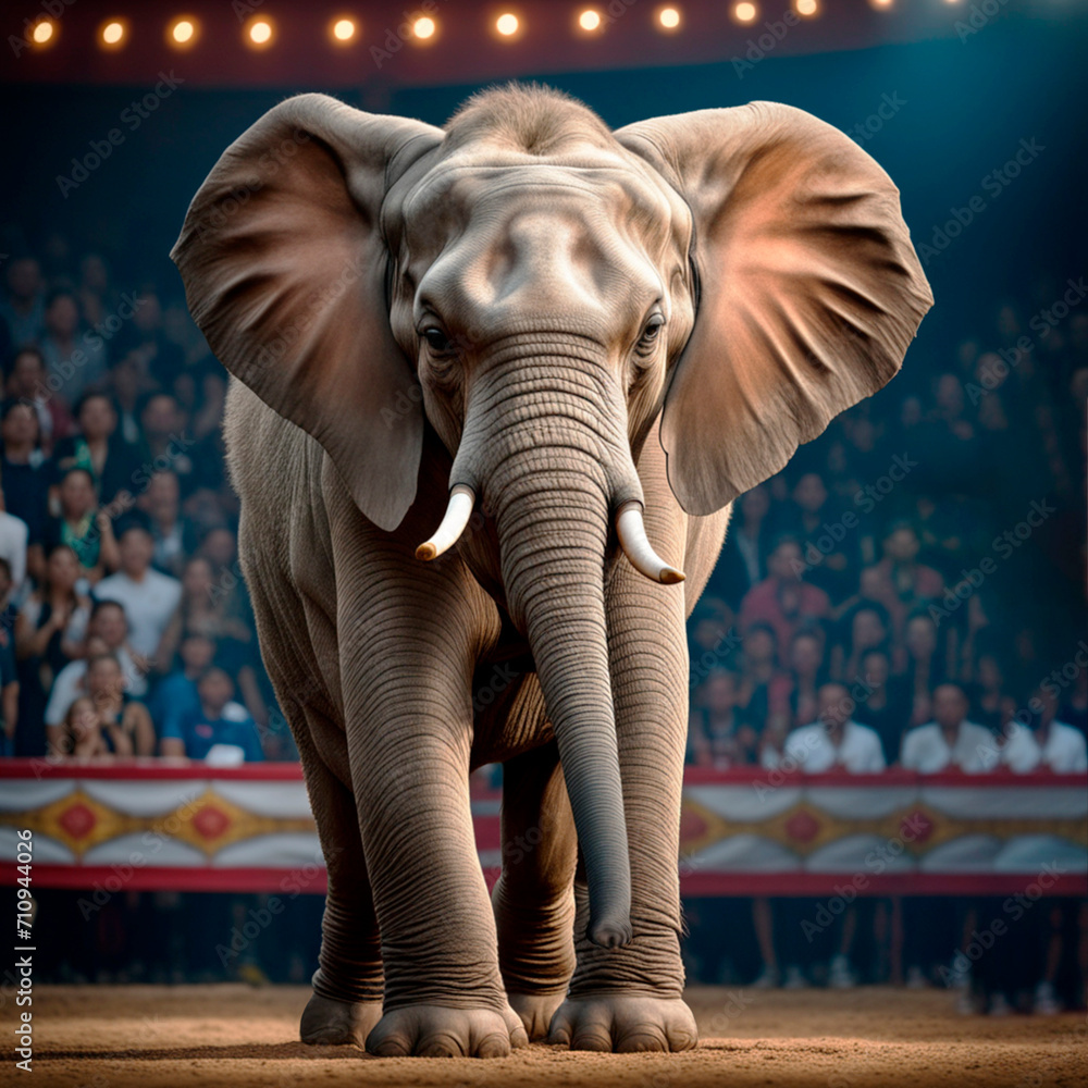 a huge elephant walks through the circus arena, many spectators, festive atmosphere