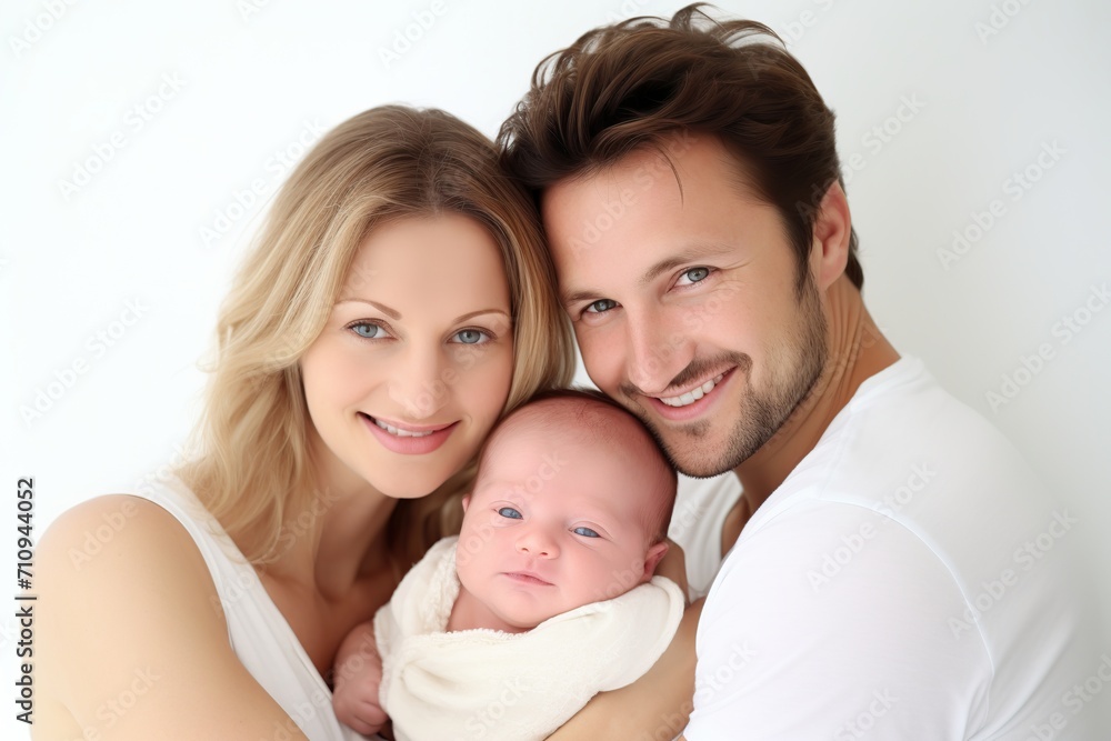 Pretty woman and man holding newborn baby on white background Pretty woman and man holding newborn baby on white background