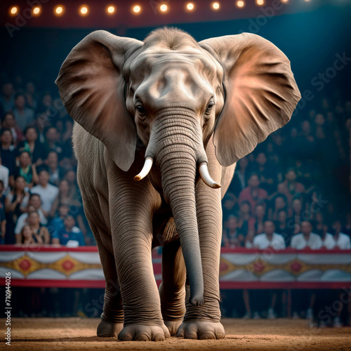 a huge elephant walks through the circus arena, many spectators, festive atmosphere