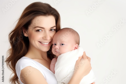 Pretty woman holding newborn baby in her arms on white background