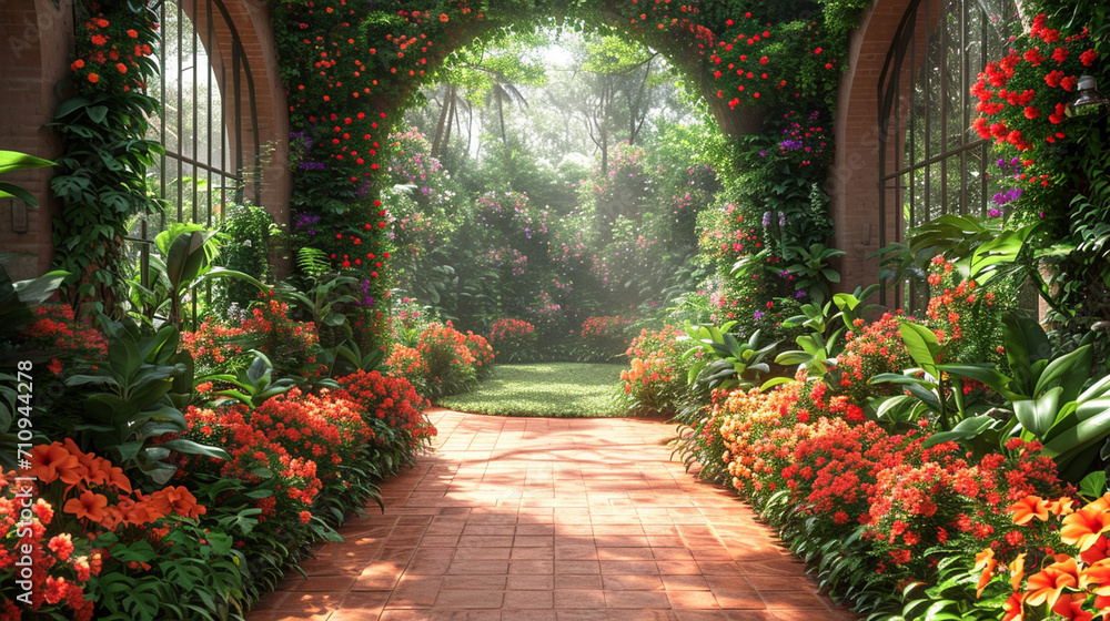 An immersive scene of a psychology retreat set in a botanical garden, where participants engage in expressive arts therapy surrounded by vibrant flowers and greenery, creating a vi