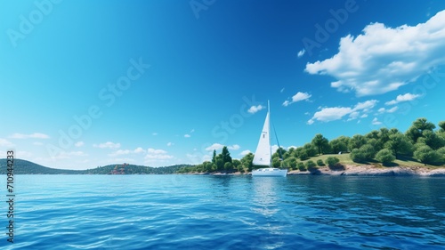 A lone sailboat anchored near the shore  surrounded by the gentle ripples of the calm sea -Generative Ai