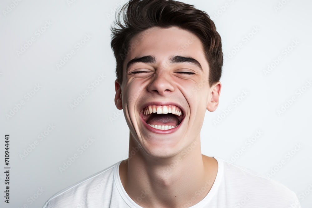 Fototapeta premium Young laughing man on white background