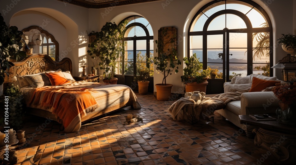 Bright Mediterranean style bedroom with large windows Bright Mediterranean style bedroom with large windows