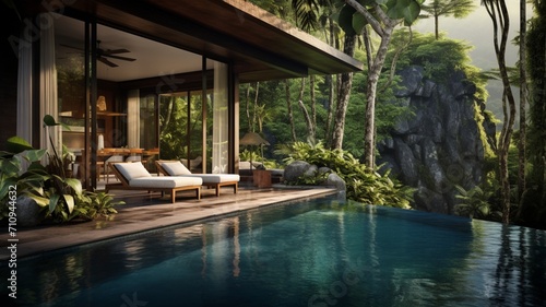 A luxurious jungle villa with a private waterfall pool, seamlessly blending opulence with the untamed beauty of the natural surroundings -Generative Ai © Online Jack Oliver