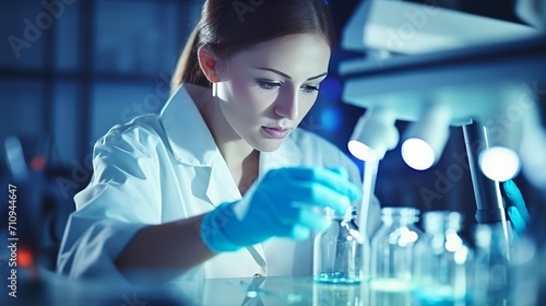 A woman in the field of medicine or science is examining a test tube in a laboratory