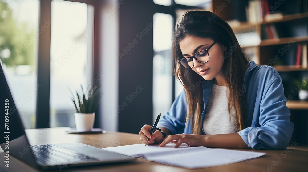 A young woman who is curious is sitting at a table and writing down a document in the office. A young woman who is curious is sitting at a table and writing down a document in the office.