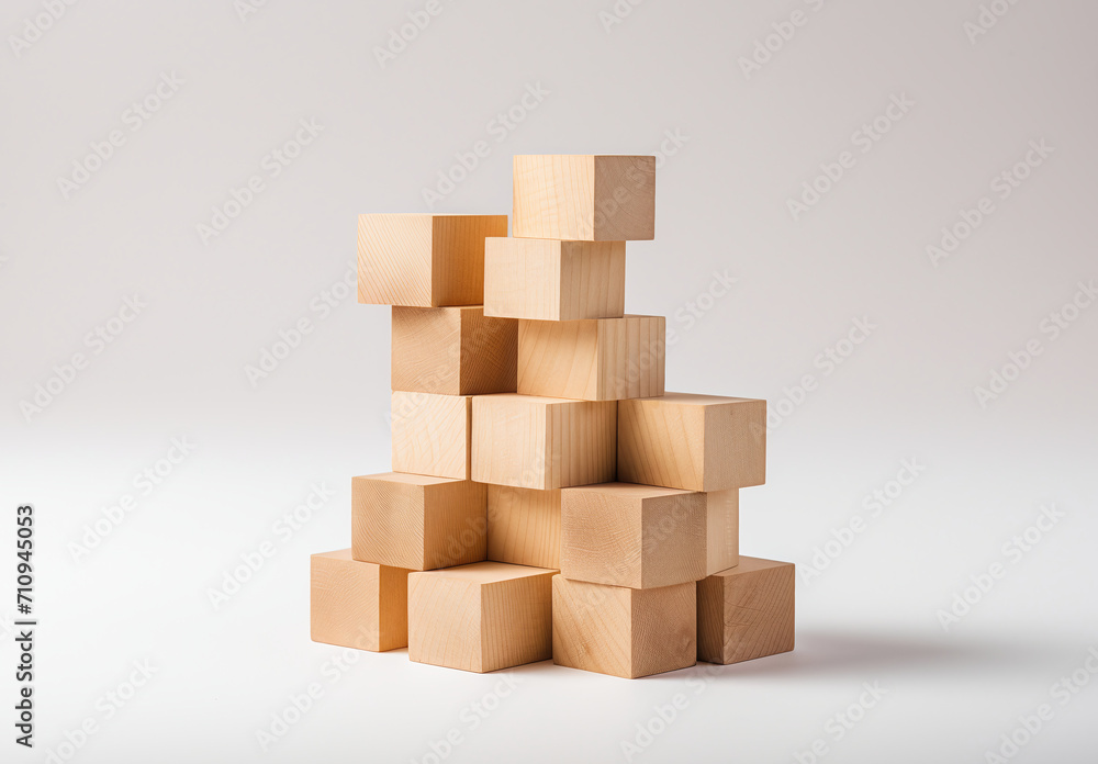 Empty blank wooden cube blocks build pyramid shape with the big one on top, isolated on wood desk on white background. Business growth process, education, success buildings and organization concepts.
