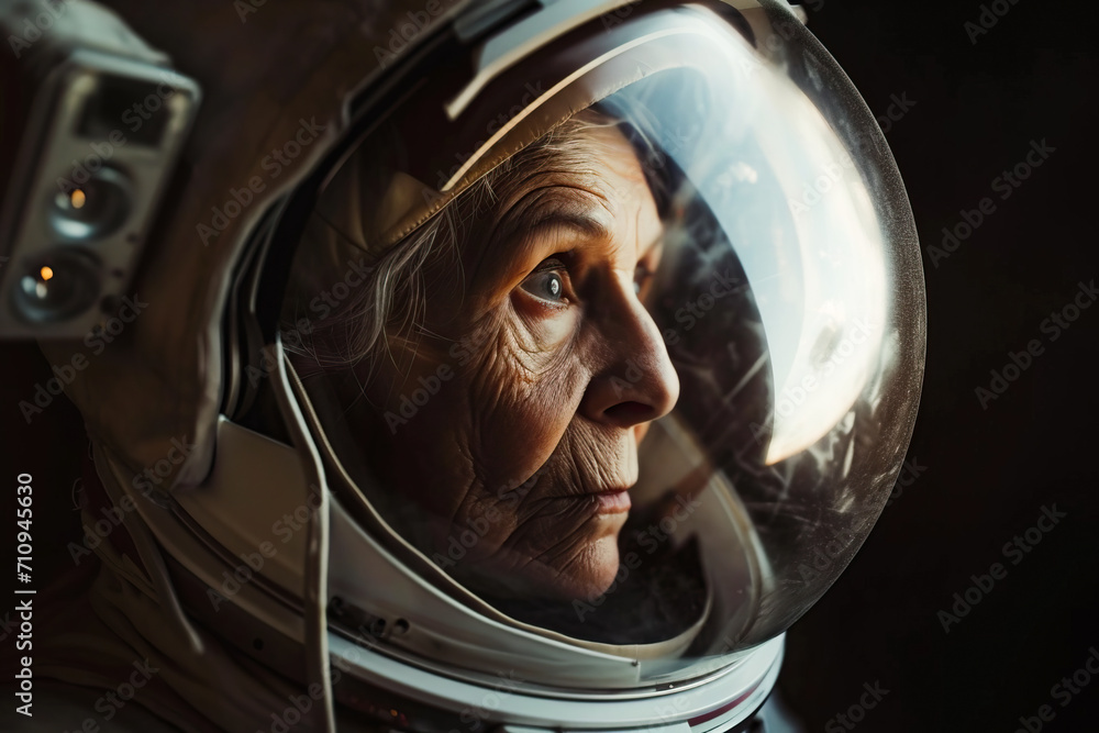 A cinematic portrait of an old astronaut returning home. Grandma in a vintage spacesuit. A fantastic concept about space exploration and science