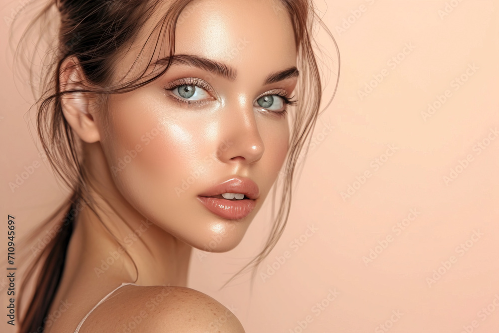Portrait of an attractive perfect woman with silky flawless skin, well-groomed with professional cosmetics, isolated on a beige pastel background Portrait of an attractive perfect woman with silky flawless skin, well-groomed with professional cosmetics, isolated on a beige pastel background
