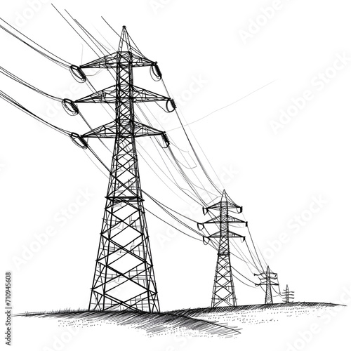 Power lines and electricity pylons isolated on white background, sketch, png 