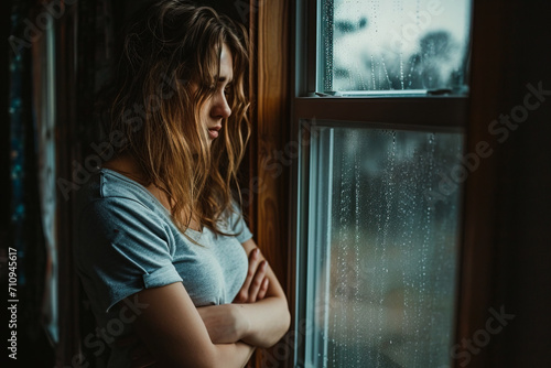 A depressed woman stands with her arms crossed and looks out the window of her house