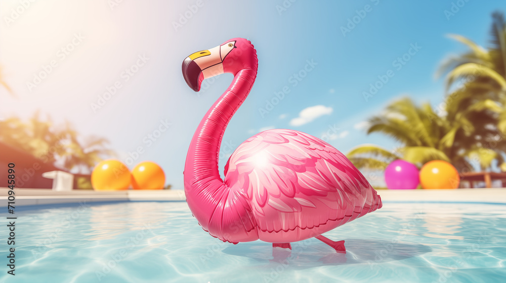 Obraz premium Realistic flamingo inflatable balloon, summer flamingo background, pool party flamingo