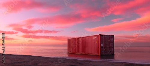The sea's vast expanse carries a lone container with pink sky © pector