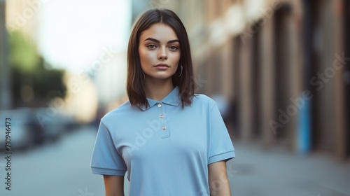 Portrait of a young woman in a blue polo shirt photo