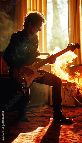 Guitarist in silhouette playing passionately against a fiery backlight