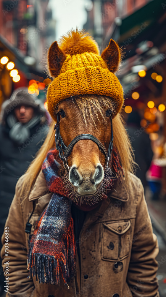 Majestic horse strides through city streets adorned in tailored sophistication, embodying street style. The realistic urban setting captures the grandeur of equine elegance fused with contemporary fas