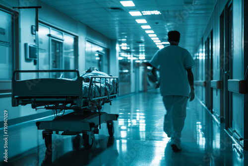 A male nurse walking beside a patient's bed in the brightly lit hospital hallway at night photo