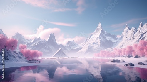 A majestic glacier-carved mountain bathed in the soft hues of dawn  reflecting in a crystal-clear alpine lake. -Generative Ai