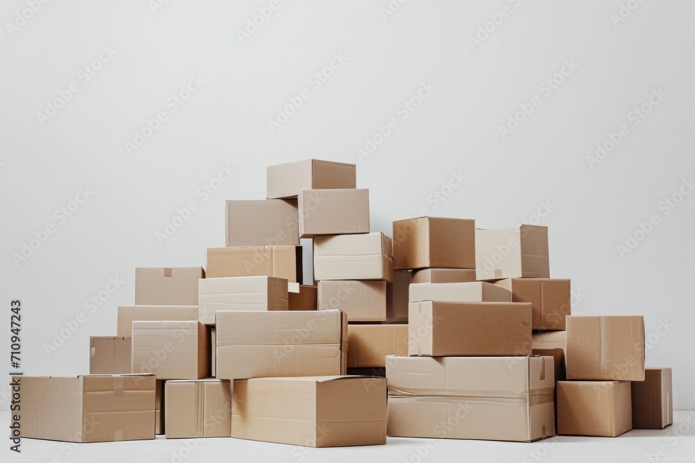 boxes in a pile on a white floor, in the style of minimalist,beige tones boxes in a pile on a white floor, in the style of minimalist,beige tones