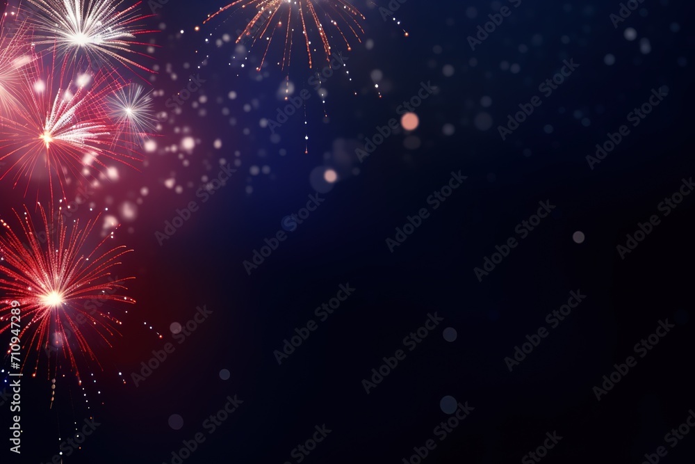 Obraz premium Fireworks. Colorful celebration fireworks isolated on a black sky background. From below, shot of wonderful and vivid fireworks exploding. Burst. Firework. Overlay.