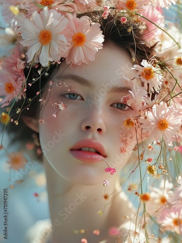 Close-up of a woman with delicate flowers adorning her face