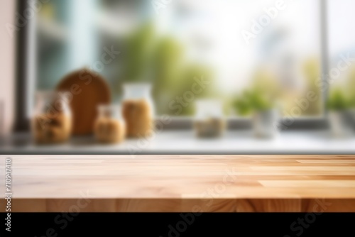 Empty beautiful wood table top counter and blur bokeh modern kitchen interior background in clean and bright Banner  Ready for product montage 
