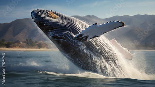A majestic humpback whale breaching the ocean's surface, surrounded by misty ocean spray -Generative Ai photo