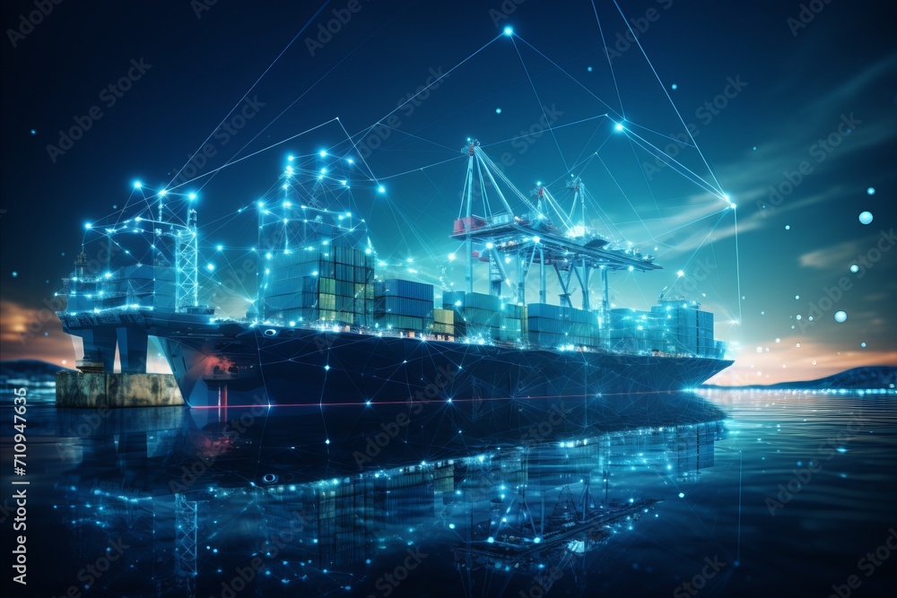Fototapeta premium Logistic Network. Container Ship and Trucks for Efficient and Global Freight Distribution