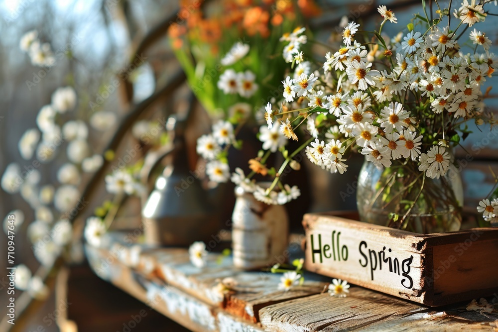 White daisies in a rustic setting with 'Hello Spring' sign White daisies in a rustic setting with 'Hello Spring' sign