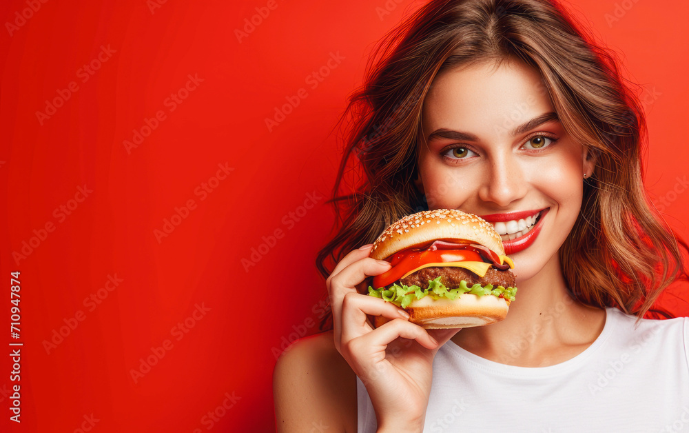 Beautiful woman with hamburger on isolated red background.