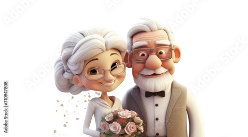 Old bride and groom. grandparents. wedding. husband and wife. Wedding anniversary. Wedding anniversary. 3D Characters People