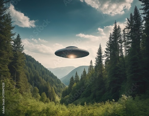 Unidentified flying object. UFO flying over over the forest in the mountains