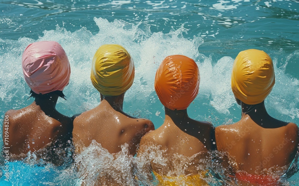 Four swimmers in colorful caps create a dynamic splash in the pool
