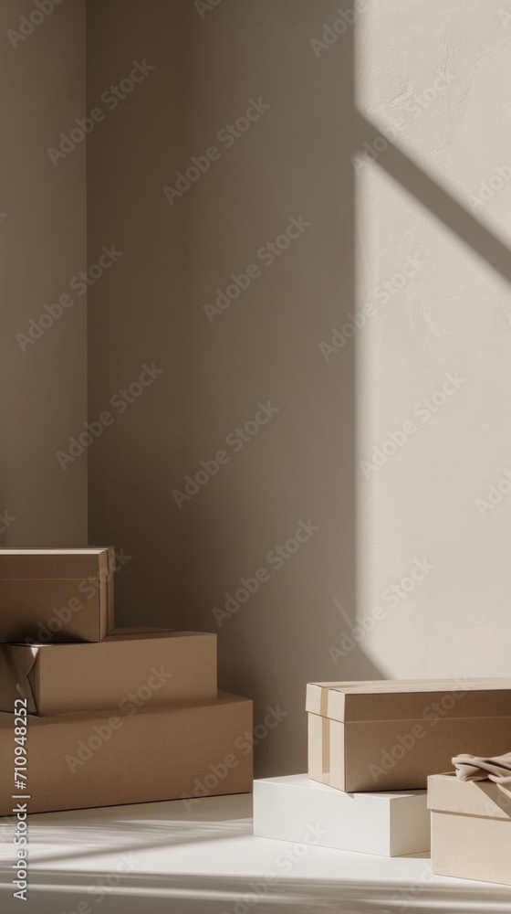 boxes in a pile on a white floor, in the style of minimalist,beige tones boxes in a pile on a white floor, in the style of minimalist,beige tones