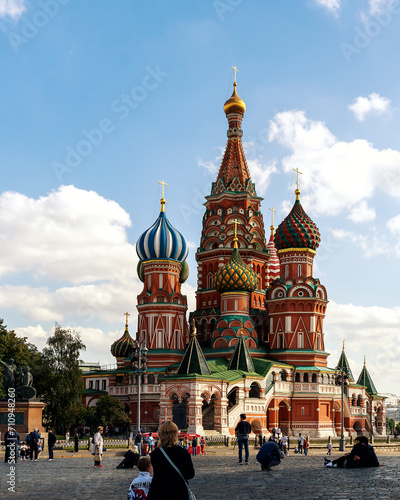 View of St. Basil's Cathedral from Red Square. People are relaxing and sightseeing.