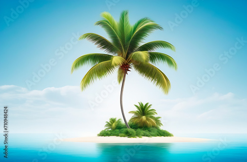 Small uninhabited little island with a large palm tree and white sand surrounded by the sea, traveling concept