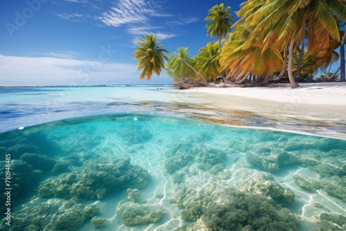 A coral beach with crystal-clear water and colorful corals, wallpaper background