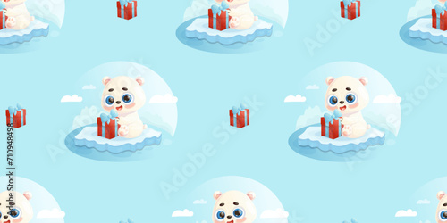 Seamless pattern with cute little white polar bear with gift on ice floe on light blue background. Vector illustration in cartoon style. Kids collection. Holiday Polar Bear Day.