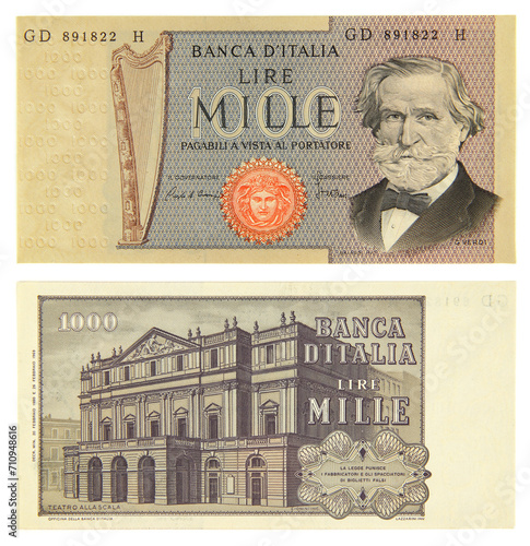 Bank of Italy, old italian banknote of 1000 lire with Giuseppe Verdi portrait, 1981, numismatic paper money for collection, vintage, Italy