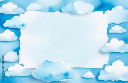 Cute blue background with watercolor clouds and frame with empty copy space, baby boy backdrop