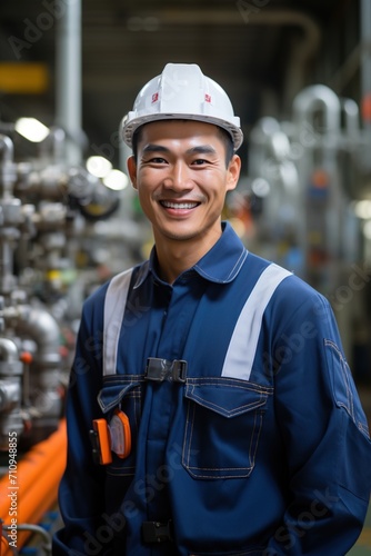 Portrait of an Asian male engineer wearing a hard hat and safety vest in an industrial setting