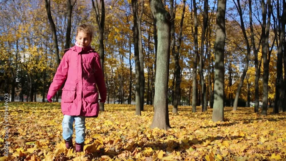 Little girl in pink dances in autumn park with fallen foliage Little girl in pink dances in autumn park with fallen foliage
