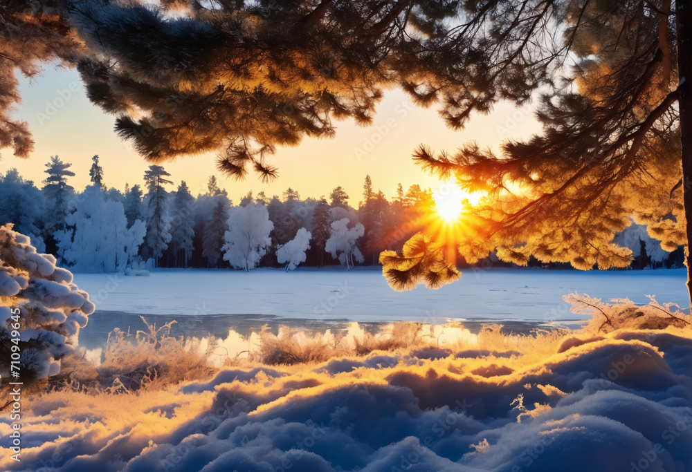 Sunset in the wood in winter period - Beautiful nature view Sunset in the wood in winter period - Beautiful nature view