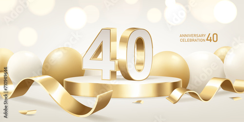40th Anniversary celebration background. Golden 3D numbers on round podium with golden ribbons and balloons with bokeh lights in background. photo