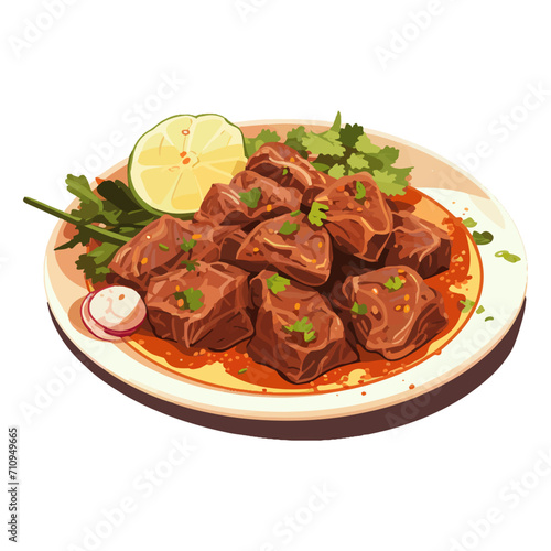 illustration of rendang on a plate with vibrant color, isolated on white